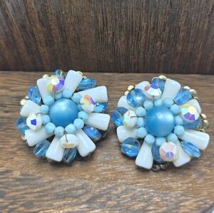 50's Milk Glass AB Beaded Earrings Clip-On Moonglow Stud Statement Fashion VTG